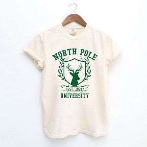 Simply Sage Market Women's North Pole University Reindeer Short Sleeve Garment Dyed Tee - 1 of 4
