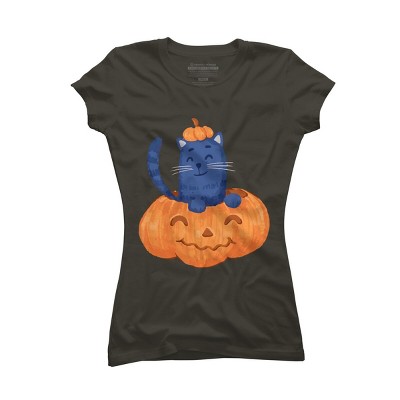 Junior's Design By Humans Halloween Cat In A Pumpkin By wubbadub T-Shirt