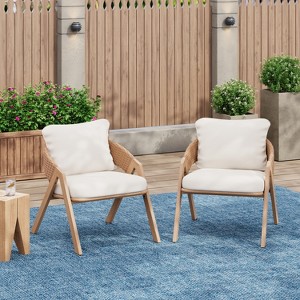 Christopher Knight Home Kaia Patio Modern Metal & Rattan Upholstered Accent Chairs with Faux Wood Finish (Set of 2) - 1 of 4