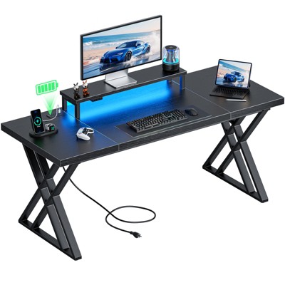 Dolonm Thick Gaming Desk with LED Lights, USB Charging, Monitor Riser & Waterproof Top for Home Office