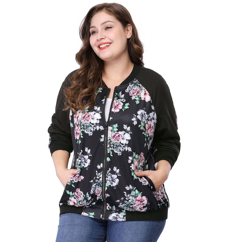Agnes Orinda Women's Plus Size Zipper Raglan Sleeves Floral Bomber Jacket, 1 of 8
