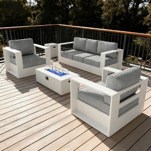 LayinSun 4 Piece Oversized Aluminum Outdoor Furniture Set, Patio Sofa Sets with Fire Pit Table, Deep Seating and Upgraded 6-inch Cushions - 1 of 4