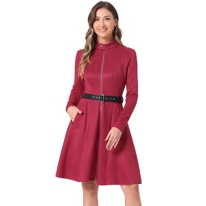 Allegra K Women's Faux Suede Stand Collar Zip-Up Belted Vintage Dresses - 1 of 4