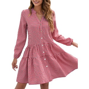 Coolmee Women's Mini Dresses Casual V Neck Button Down Long Sleeve Plaid Print Loose Flowy Shirt Dress - 1 of 4