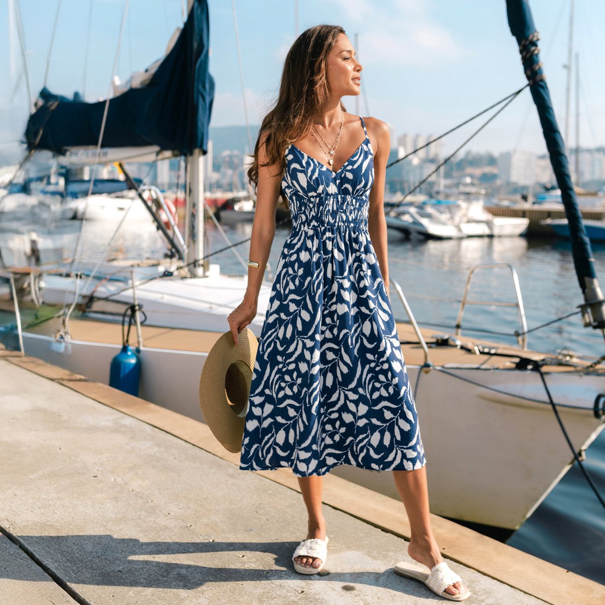 Женские платья Cupshe Women's Spaghetti Strap Maxi Dress with Leaf Print-M-Blue — фото 2