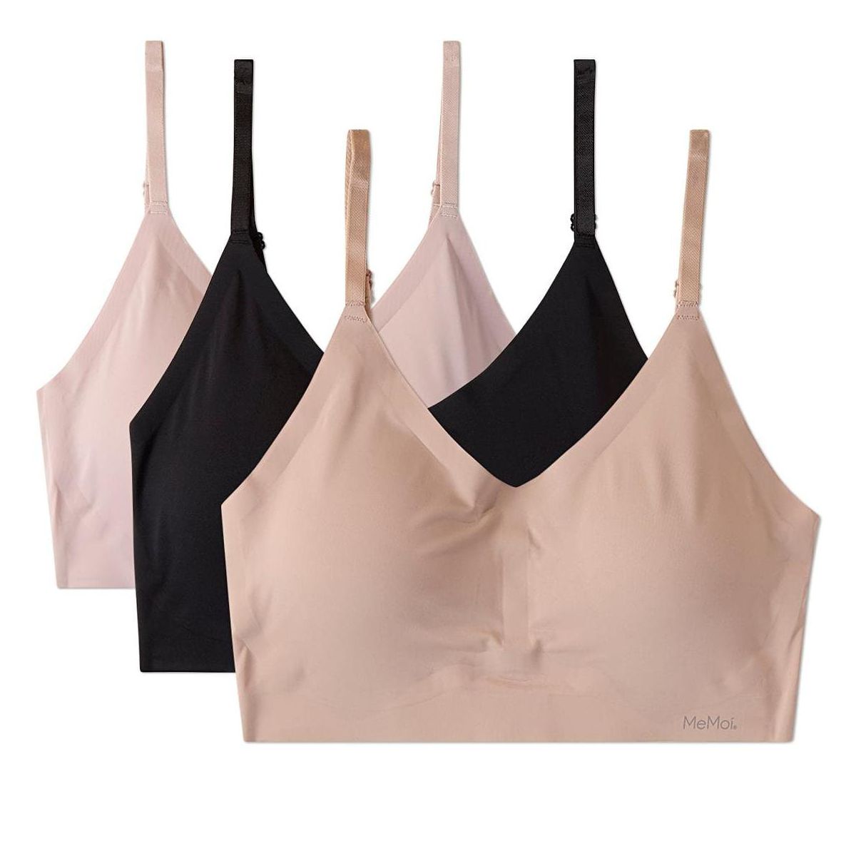 Memoi 3 Pack Women's Bonded Bras with Removable Cups and Adjustable Straps (Asst-104) Nude, Pink, Black S