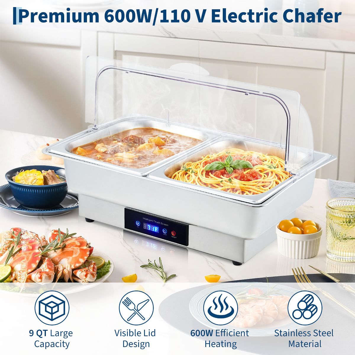 Garvee Electric Chafing Dish 9QT Stainless Steel Food Warmer with Temp Control for Buffet Parties Catering Weddings Double Compartment - thumbnail 5