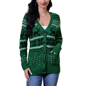 Women's Christmas Chunky Knit Cardigan Sweater Long Sleeve V Neck Button up Cardigan with Pocket Sweater Coat for Fall and Winter - 1 of 4