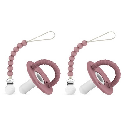 Image of Lulababe Halo Pacfier and Clip Set - Soft Medical Grade Silicone Paci and Clip Holder Baby's and Toddlers - Plum + Clear, Stage 2 (6-24m) - 2 Sets
