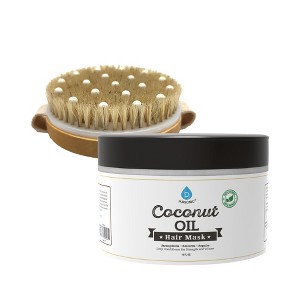 Pursonic Hair Care and Massage Bundle: Bath Brush and Rubber Massager with Lotus wooden handle + 100% Natural Coconut Oil Hair Mask 10 Oz - 1 of 3