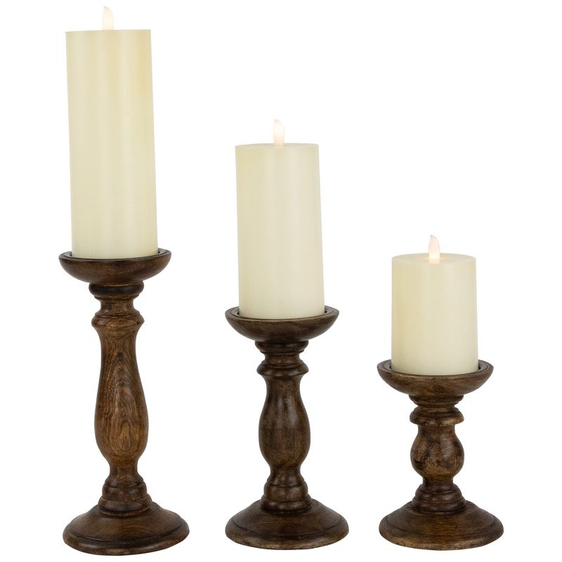 Northlight Set of 3 Natural Dark Wooden Pillar Candle Holders 10", 3 of 6