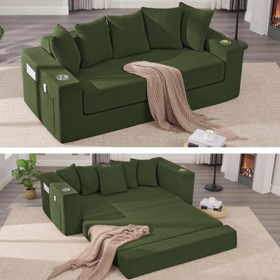 QingMoon Pull Out Loveseat Sofa, Foldable Floor Couch Bed, Corduroy Boneless Sofa with 5 Pillows, Side Pocket, Cup Holders for Living Room, Bedroom
