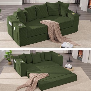 QingMoon Pull Out Loveseat Sofa, Foldable Floor Couch Bed, Corduroy Boneless Sofa with 5 Pillows, Side Pocket, Cup Holders for Living Room, Bedroom - 1 of 4