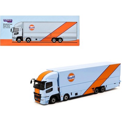 Mitsubishi Fuso Truck with Transporter Light Blue with Orange "Gulf Oil" "Truck64" Series 1/64 Diecast Model by Tarmac Works