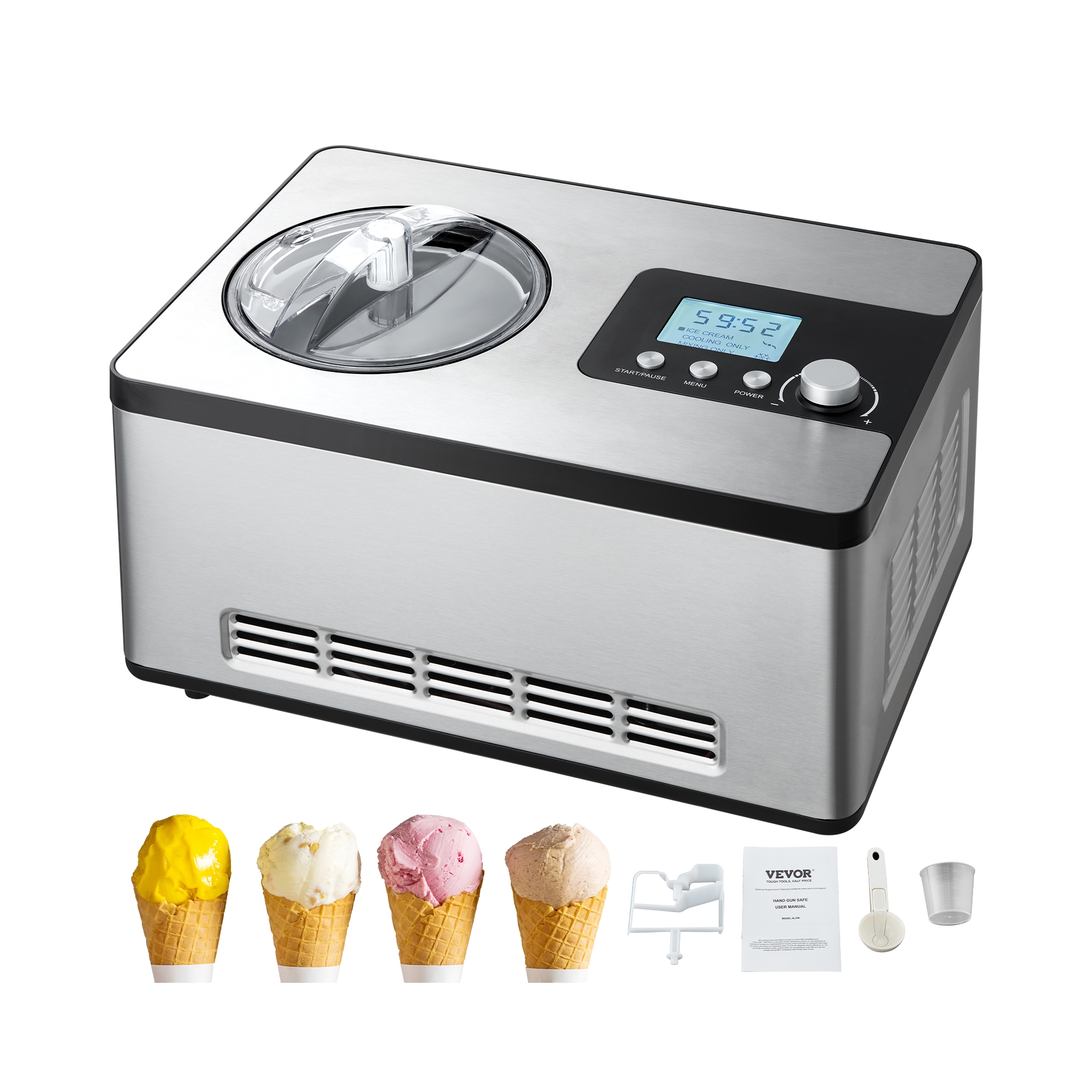 VEVOR Automatic Ice Cream Maker with Built-in Compressor, 2 Quart No Pre-freezing Fruit Yogurt Machine, 3 Modes Gelato Maker, Silver