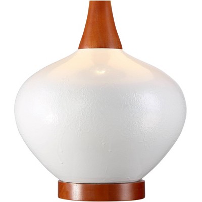 Ivory Ceramic and Wood Mid-Century Table Lamp with Drum Shade