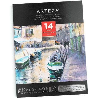 Arteza Watercolor Paper Pad, Cold-Pressed, 100% Cotton, 9"x12" - 14 Sheets (ARTZ-8364)