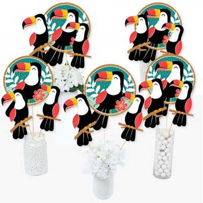 Big Dot of Happiness Calling All Toucans - Tropical Bird Baby Shower or Birthday Party Centerpiece Sticks - Table Toppers - Set of 15