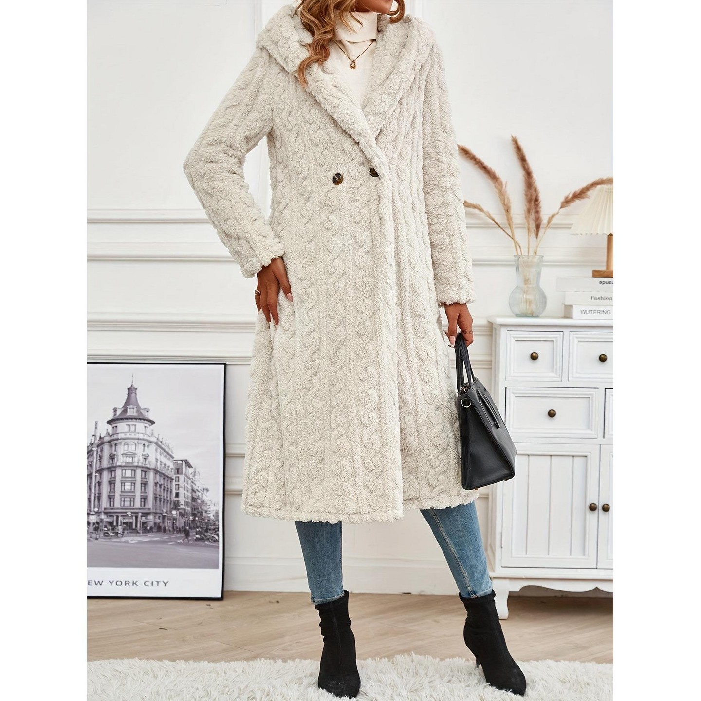 Женские куртки YesFashion Winter Long Coats Front Button Long Sleeve Woolen Hooded Casual Loose Fit Fashion Cable Outerwear S Off White, цвет: Белый — фото 2