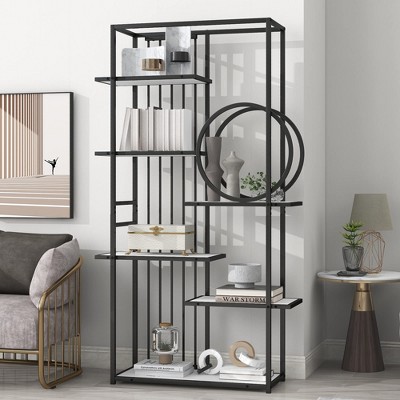 TROPOW 6 Tiers Home Office Bookshelf, Metal Frame Open Bookcase Storage Rack, Modern Books Holder Organizer, Large Bookshelf , for Living Room White