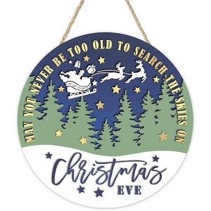 Lomsoe Christmas Eve Front Door Sign Xmas Tree Santa Reindeer Wood Hanger Outdoor Outside Decor Winter Wooden Wreath Wall Hanging Decor 8x8Inch - 1 of 1