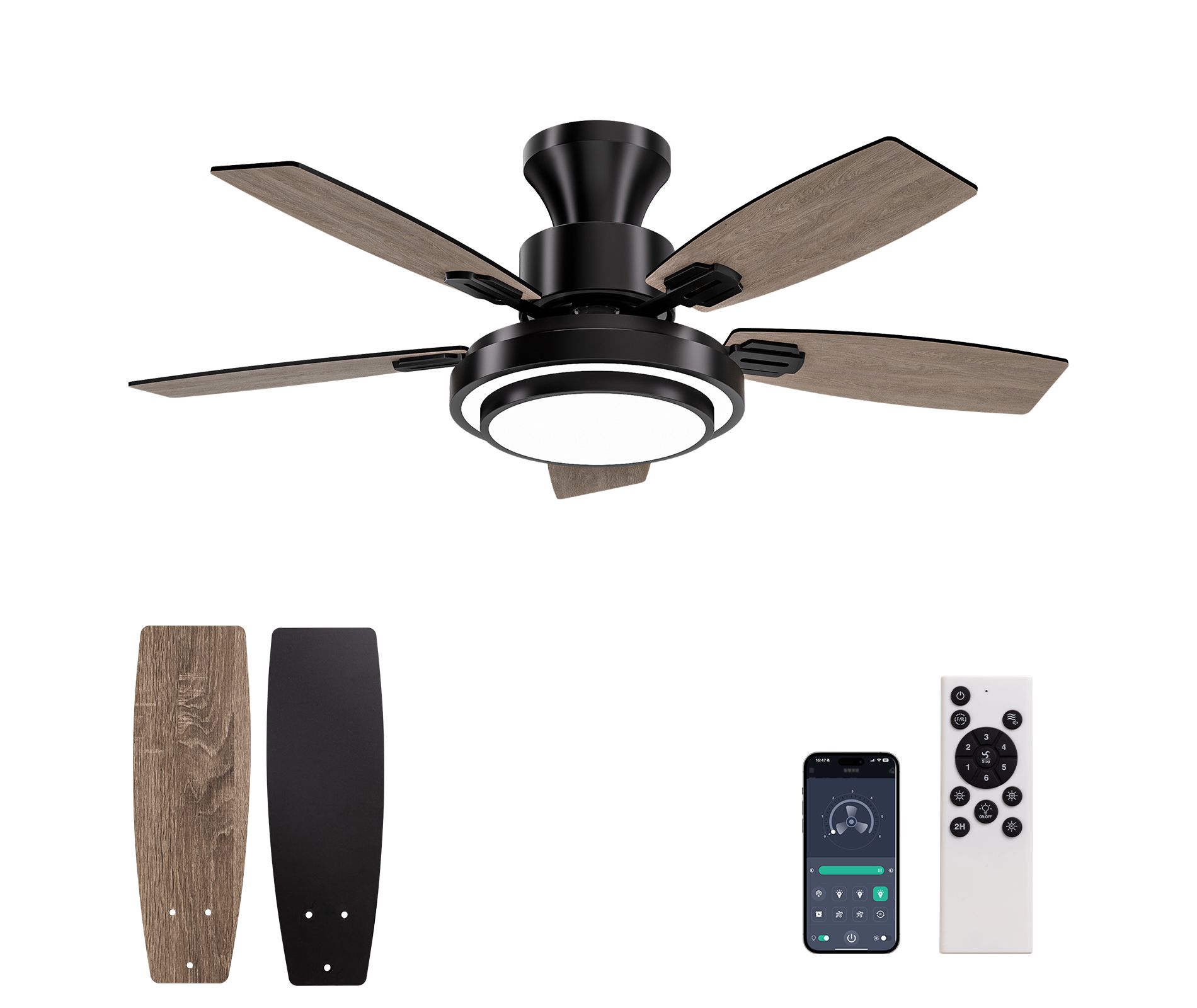 Siljoy Ceiling Fans with Lights and Remote, 42 Inch Low Profile Ceiling Fan with Quiet Reversible DC Motor, Dimmable LED Lighting, 6 Speeds, Timer