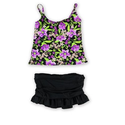 Island Escape Womens Floral Ruffled Skirtini 2 Piece Tankini