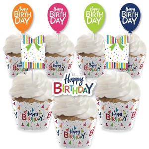 Big Dot of Happiness Cheerful Happy Birthday - Cupcake Decoration - Colorful Birthday Party Cupcake Wrappers and Treat Picks Kit - Set of 24 - 1 of 4
