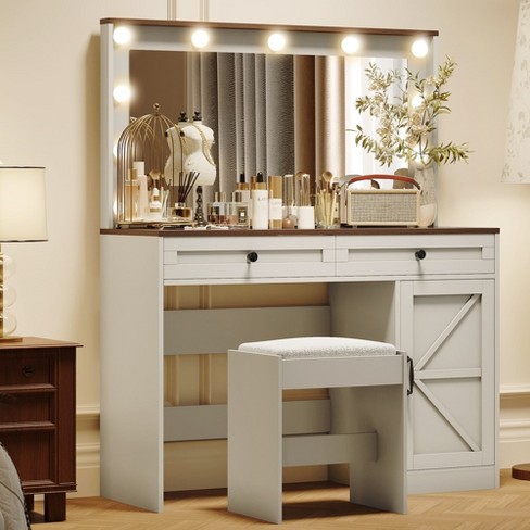 Makeup Vanity Desk With Cushioned Stool, Modern Dressing Table With Glass Top, Brightness Adjustable LED Mirror - image 1 of 4