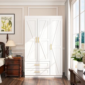 APRILSOUL Shaker Style Classic Three-Door Wardrobe, Wood Bedroom Armoire with Hanging Rod and Shelves - 1 of 4