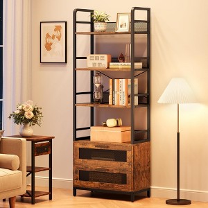 Bookshelf with Drawers Industrial Bookcase with 4 Tiers Open Storage Shelves Rustic Bookshelves - 1 of 4