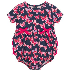 RuffleButts Baby Girls Knit Short Sleeve Bow Bubble Romper - 1 of 4