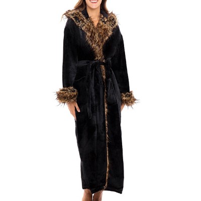 Faux Fur Collar Long Plush Robe - Chimney Smoke