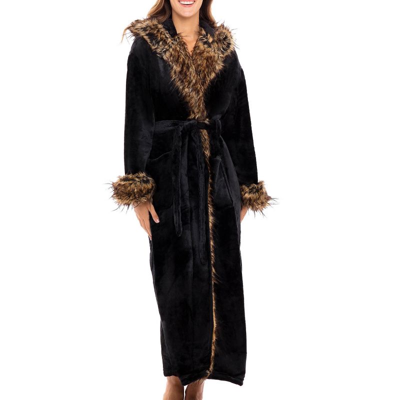 Women's Faux Fur Feather Hooded Robe, Soft Plush Fleece Bathrobe with Hood, 1 of 8