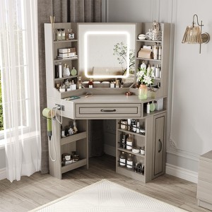 Corner Makeup Vanity Desk with HD LED Mirror, Lots of Storage Shelves, 3 Lighting Modes, Grey - 1 of 4