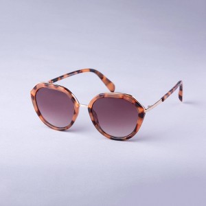 Women's Angular Round Tortoise Shell and Metal Sunglasses - A New Day™ Brown - 1 of 1