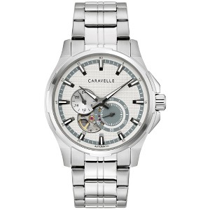 Caravelle designed by Bulova Men's Dress 4 Hand Automatic Silver Stainless Steel Watch, Heartbeat Skeleton,24 Hour Time, Gold Dial, Style: 43A159 - 1 of 4
