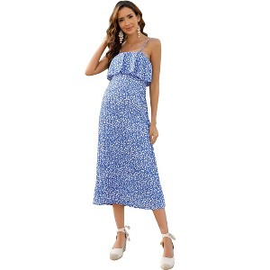 Coolmee Womens Summer Maxi Casual Dress Off Shoulder Ruffle Spaghetti Strap Pleated Long Sundress - 1 of 4
