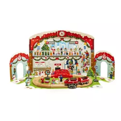 Hape E3770A 25 Day Kids Wooden Train Station Christmas Advent Calendar with 24 Pieces and Decorated Depot Backdrop