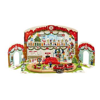 Hape E3770A 25 Day Kids Wooden Train Station Christmas Advent Calendar with 24 Pieces and Decorated Depot Backdrop