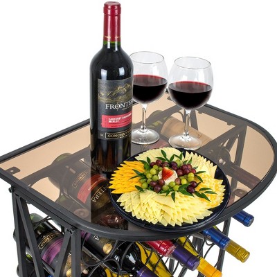 Black Metal Wine Rack Stand with Glass Tabletop for 30 Bottles