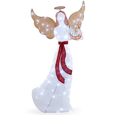 Tangkula 5 FT Christmas Lighted Angel Xmas Yard Pre-Lit Angel with Harp Halo & 120 Cold White LED Lights Ground Stakes & Zip Ties Included