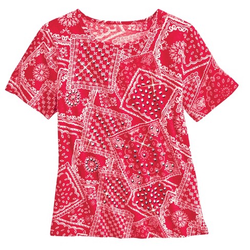 Collections Etc Sparkling Sequin Accented Bandana Print Cotton Top