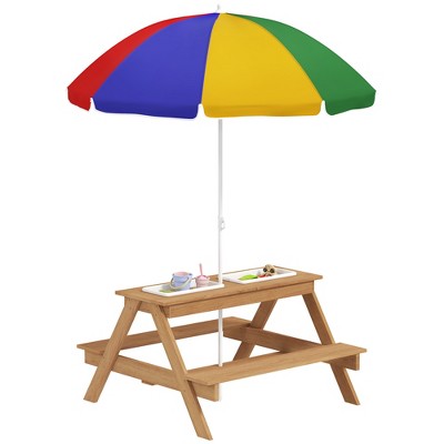 Qaba Kids Picnic Table, Wooden Outdoor Table & Bench Set with Removable Umbrella for Patio, Backyard, Mixed Color