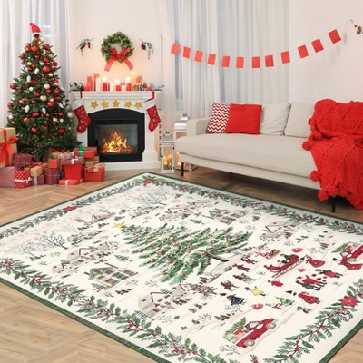 COZONY Christmas Washable Runner Rug, Non-Slip Low Pile Entryway Area Rug, Indoor Soft Foldable Xmas Carpet for Hallway, Living Room, Beige