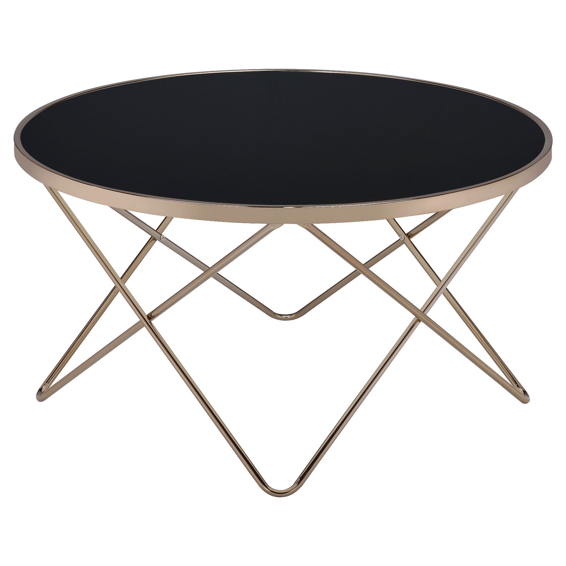 Coffee Table Black Champagne - Acme Furniture: Geometric Metal Base, Glass Top, 18" Height