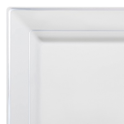 Smarty Had A Party 9.5" White w/ Silver Square Rim Plastic Dinner Plates - 120 pcs