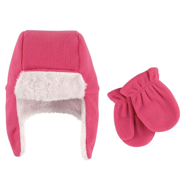 Hudson Baby Toddler Girl Fleece Trapper Hat and Mitten 2pc Set, Dark Pink, 1 of 3