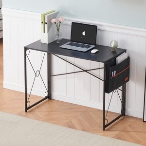 VECELO 39 in. Writing Computer Folding Desk/Sturdy Steel Laptop Table with Storage Bag for Home or Office, Black/Brown/Gray - 1 of 4