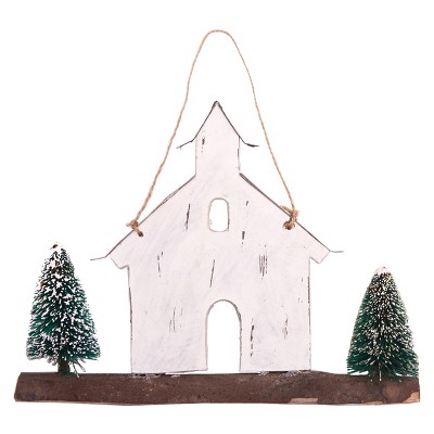 Gallerie II Whitewashed Church Mdf  Twigs Buri  Tins Holiday Christmas Xmas Ornament